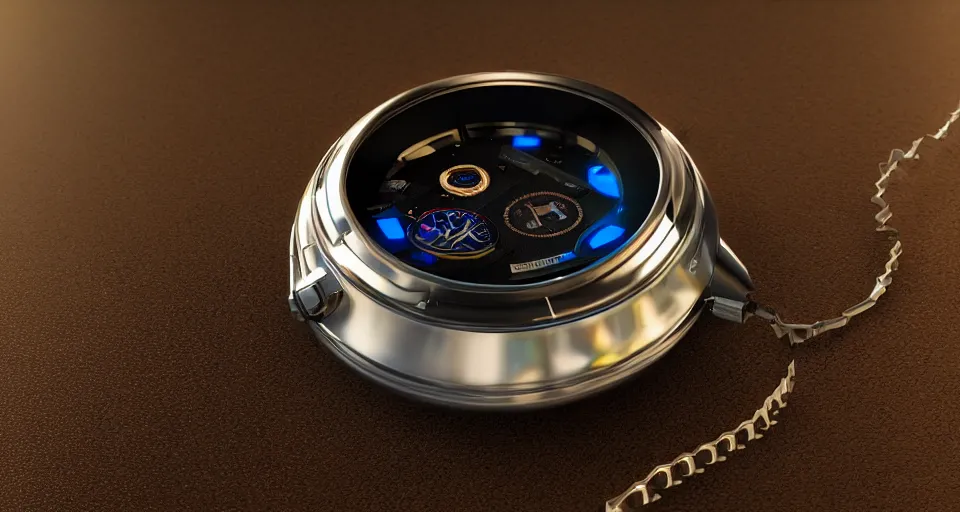 Prompt: complex 3 d render of a cyberpunk watch lying on a table, simple design, high detail, sharp focus, iridescent glass, glowing interior components, intricate detail, depth of field, bokeh, cinematic lighting and composition, octane render, film grain, art deco