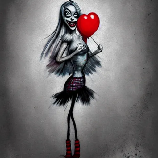 Image similar to grunge cartoon painting of margot robbie with a wide smile and a red balloon by chris leib, loony toons style, pennywise style, corpse bride style, horror theme, detailed, elegant, intricate