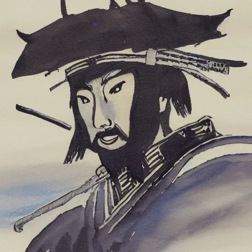 Image similar to puddled ink painting of a samurai,