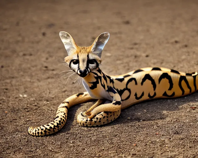 Image similar to an award winning photo of a serval - headed ball python, legless!!!!!!!!!, environmental portrait photography, national geographic, 4 k, sharp focus