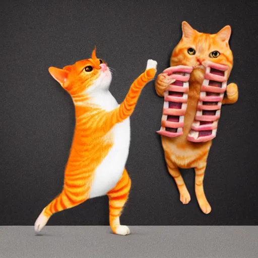 Image similar to orange tabby cat fighting an anthropomorphic bacon strip, realistic