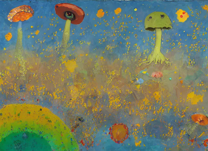 Image similar to expressionistic decollage painting golden armor alien zombie horseman riding on a crystal bone dragon broken rainbow diamond maggot horse in a blossoming meadow full of colorful mushrooms and golden foil toad blobs in a golden sunset, distant forest horizon, painted by Bill Traylor, Helen Frankenthaler, Danny Fox and Hilma af Klint, pixelated, semiabstract, color field painting, byzantine art, voxel art, pop art look, naive, outsider art. Mark Rothko painting, part by Philip Guston and Frank Stella art by Adrian Ghenie, 8k, extreme detail, intricate detail, masterpiece