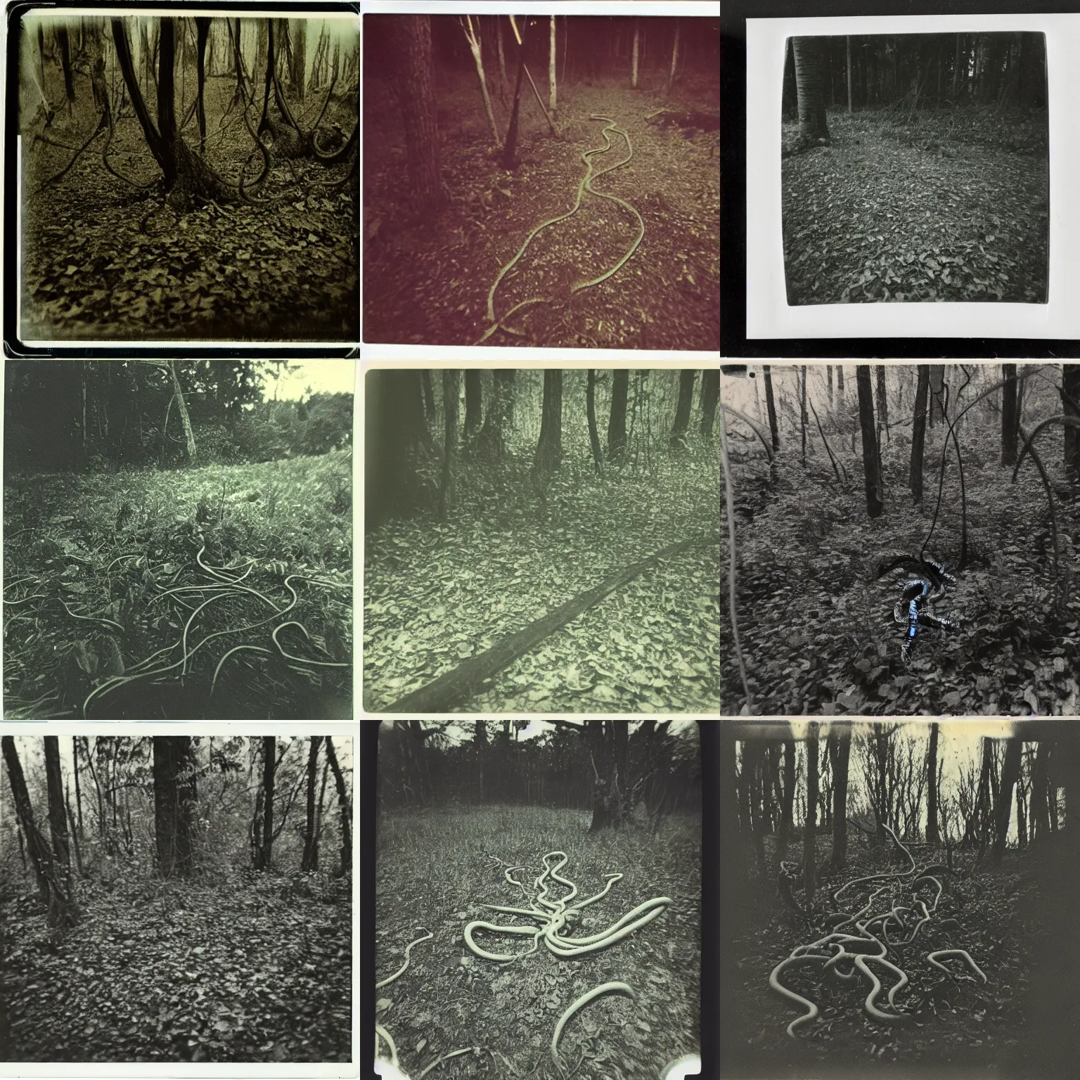 Prompt: old polaroid from 1 9 5 2 depicting large tentacles crawling out of the forest floor, at dusk, lovecraftian horror