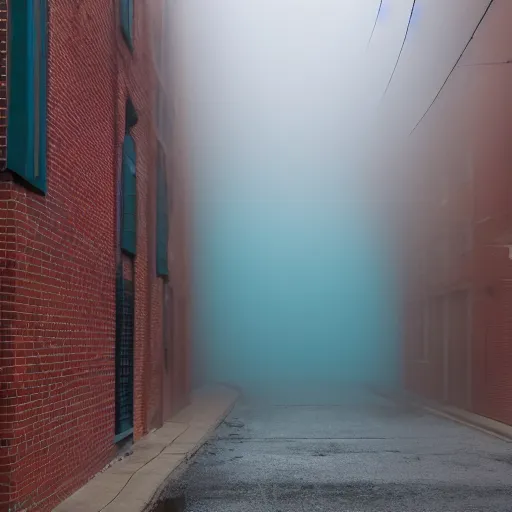 Prompt: Photograph of american street, foggy, afternoon, teal, heat ripples, 300mm f 5.6, award winning photograph