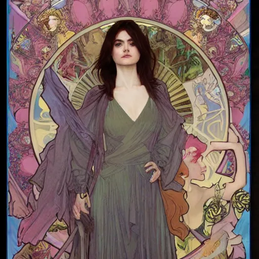 Prompt: a combination of Alexandra Daddario, Maisie Williams, Krysten Ritter, Anne Hathaway and Natalia Dwyer Christina Ricci and Lily Collins by Alphonse Mucha, Magali Villeneuve and Livia Prima