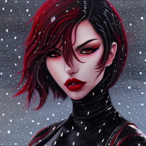 Image similar to beautiful seductive female in black leather skin tight clothes, in the rain in paris, highly detailed, painting, dark red and black color palette, intricate, high quality, anime artstyle, in the style of sana takeda