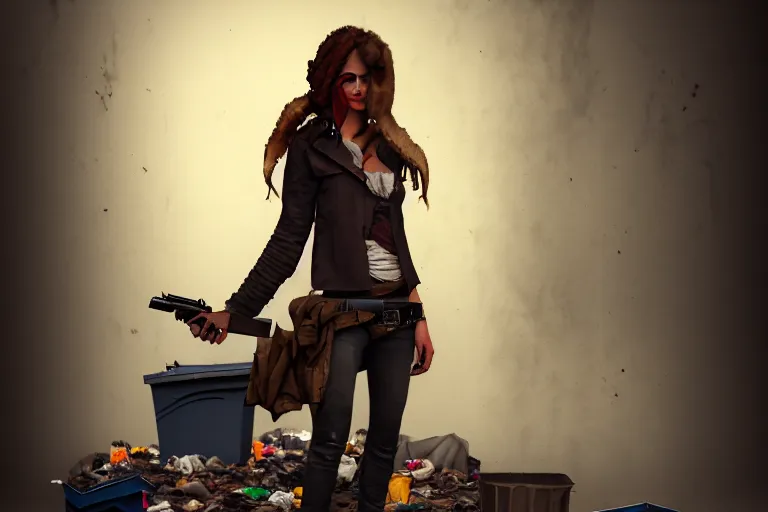 Image similar to girl in trash rags holding a revolver, character concept, valorant style, digital art, many details, super realistic, high quality, 8 k