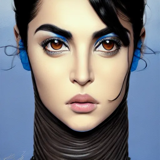 Prompt: greek ameera al taweel , blue eyes, serious, black hair, elegant, sharp focus, beautiful face, Hyper-realistic, Highly Detailed, HD, by Brom, by beeple, studio ghibli, wallpaper, highly detailed, trending on artstation