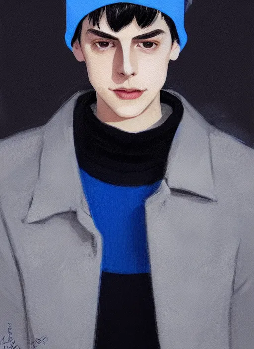 Image similar to portrait of teenage jughead jones wearing a light grey crown, crown, blue turtleneck, closed eyes, eyes closed, slight smile, black hair, intricate, elegant, glowing lights, highly detailed, digital painting, artstation, concept art, smooth, sharp focus, illustration, art by wlop, mars ravelo and greg rutkowski