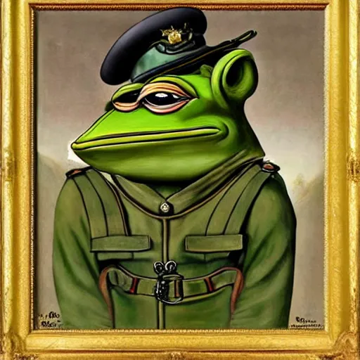 Prompt: pepe the frog as ww 1 german general, schirmmutzen, pickelhaube, elegant detailed painting by sandro botticelli, uncropped