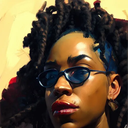 Prompt: Greg Manchess portrait painting of an afropunk hacker character, medium shot, asymmetrical, profile picture, Organic Painting, dark dramatic evening, rainy, matte painting, bold shapes, hard edges, street art, trending on artstation, by Huang Guangjian and Gil Elvgren and Sachin Teng