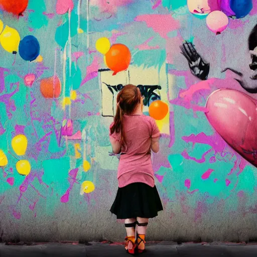 Image similar to A mixed media painting of graffiti wall of girl waiting with balloon, by Frank Frazetta, Greg Rutkowski, Beeple, kawaii, post-processing, low angle, masterpiece, cinematic, isometric, volumetric lighting