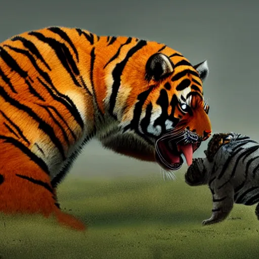 Prompt: tardigrade fighting a tiger, 8k hyperrealism National Geographic photograph