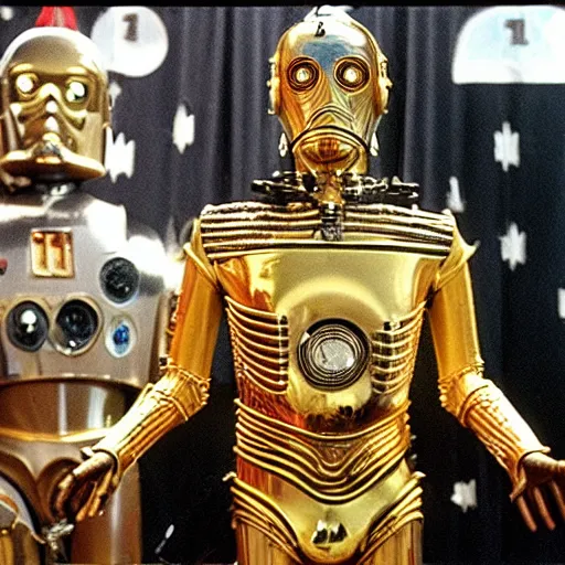 Prompt: C-3PO performing at woodstock