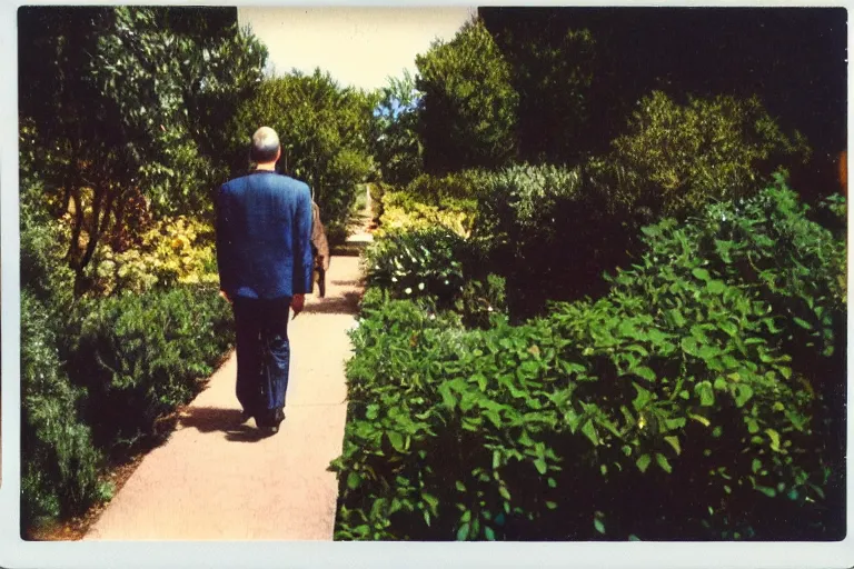 Image similar to a polaroid photo south of france 2001 by Elbridge Ayer Burbank flickr a handsome tall man walking down a sidewalk next to a garden photo taken with fujifilm superia garden gardens horticultural photo taken with ektachrome photo taken with provia