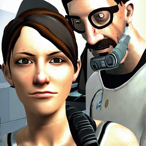 Prompt: chell from portal with gordon freeman from half + life
