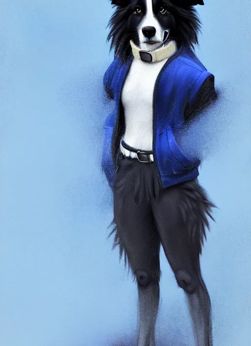 Image similar to full body digital painting of a cute male anthropomorphic border collie fursona wearing a blue dog collar and standing in the rain, beautiful, model pose, realistic proportions, highly detailed, scenic background, trending on artstation, art by charlie bowater and henry asencio and and ross tran