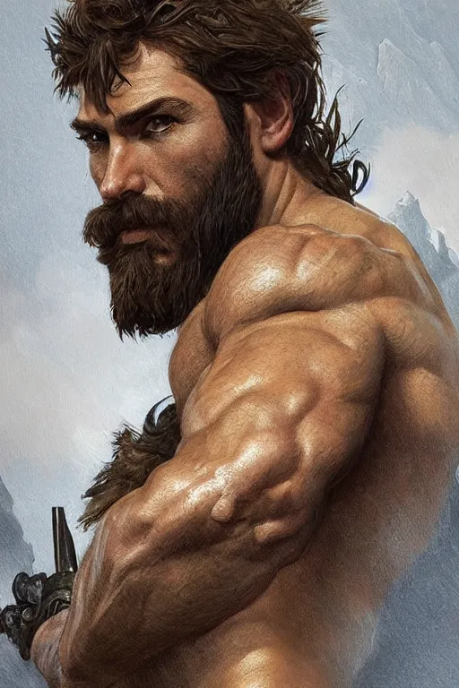 Image similar to portrait of a rugged ranger, muscular, handsome, upper body, hairy torso, D&D, fantasy, intricate, elegant, highly detailed, digital painting, artstation, concept art, smooth, sharp focus, illustration, art by artgerm and Greg Rutkowski and Alphonse Mucha