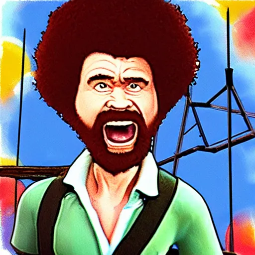 Image similar to angry bob ross screaming on the swingset