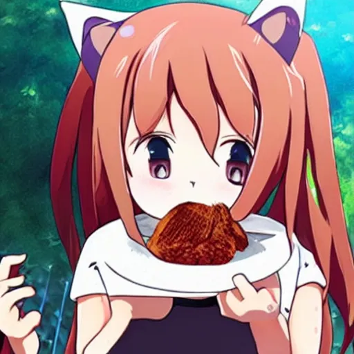 Image similar to cute girl eating a cat in anime style