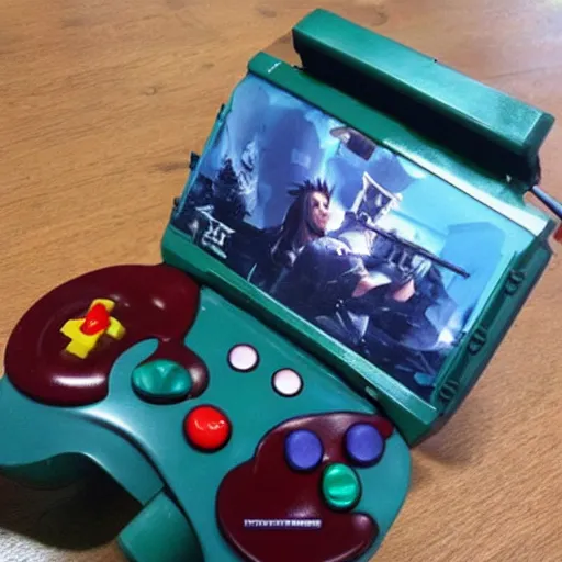 Prompt: “ a special edition final fantasy vii themed nintendo 6 4 ”