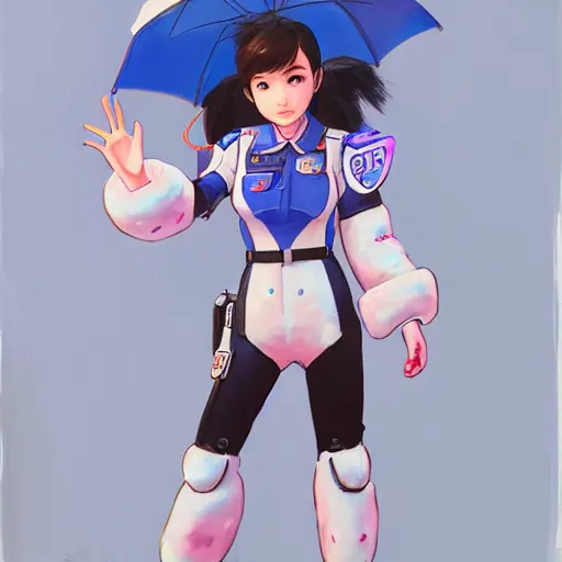 Image similar to D.VA from Overwatch wearing a police uniform by Kim Jung Gi, holding handcuffs in one hand Blizzard Concept Art Studio Ghibli. oil paint. 4k. by brom.