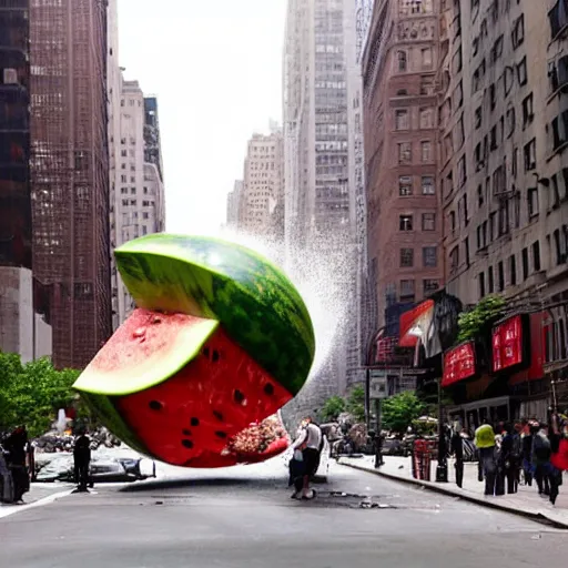 Prompt: Photo of a giant watermelon falling onto the streets of New York City makes everyone panic, surrounding buildings are destroyed, chaos is visible, color photo , hd