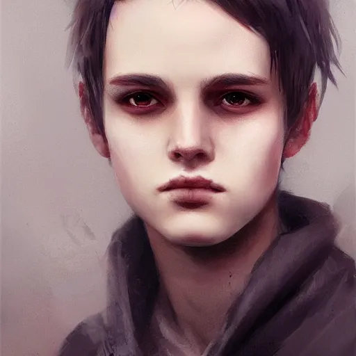 Image similar to a feminine boy with short dark hair, emo, digital art, photorealistic, 8 k resolution, beautiful face, very pretty face, very detailed eyes, by wlop, greg rutkowski