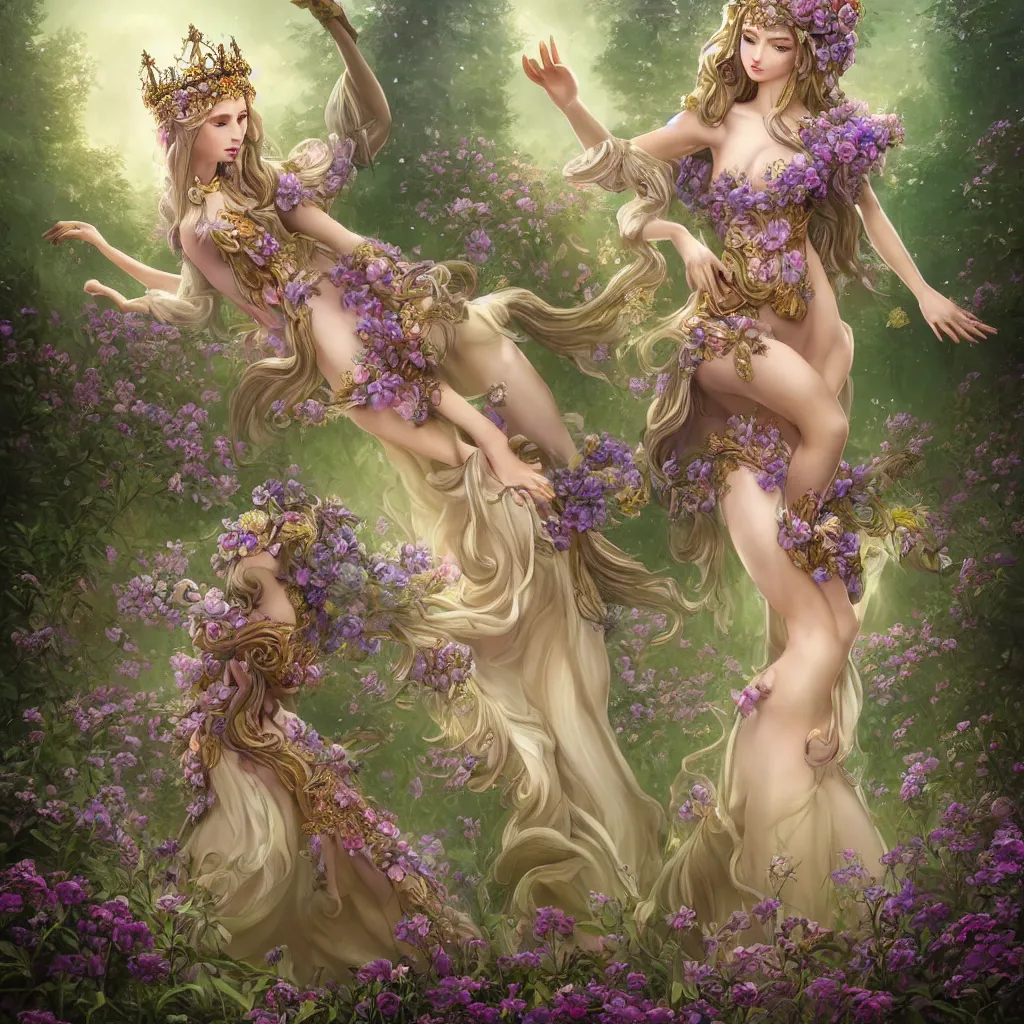 Image similar to A beautiful fantasy empress, highly detailed full body, just one person, breathtaking flower tiara, long hair, gorgeous aristocrat robe, beautiful figure, field of fantasy flowers and leaves, foxes and deer, epic composition, ultra wide-shot, dynamic pose, concept art, beautifully lit from left side, digital painting, smooth, character design, ((sharp focus)), elegant, intricate, artstation, by WLOP and James Jean and Victo Ngai