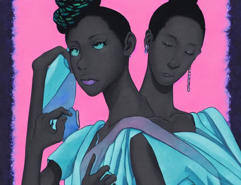 Prompt: black - skinned princess in a labradorite palace, wearing an elegant dress with vaporwave elements. this gouache painting by the award - winning mangaka has an interesting color scheme and impeccable lighting.