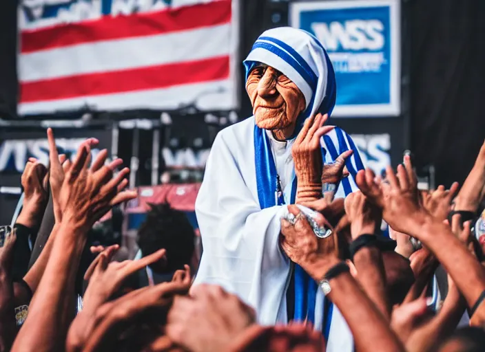 Image similar to photo still of mother teresa on stage at vans warped tour!!!!!!!! at age 4 8 years old 4 8 years of age!!!!!!! throwing roseries to the crowd, 8 k, 8 5 mm f 1. 8, studio lighting, rim light, right side key light