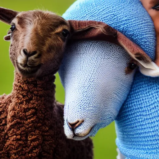 Image similar to a lamb with a blue knitted sweater hugging his mom, in the style of Leo Lionni