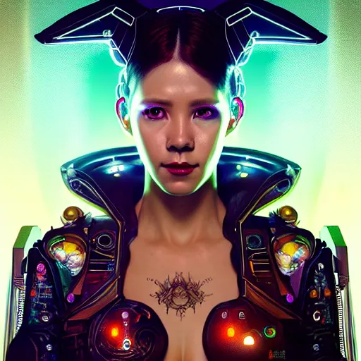 Prompt: portrait painting of cyberpunk solar mamamoo with a halo and devil horns, ultra realistic, concept art, intricate details, eerie, highly detailed, photorealistic, octane render, 8 k, unreal engine. art by artgerm and greg rutkowski and magali villeneuve and alphonse mucha