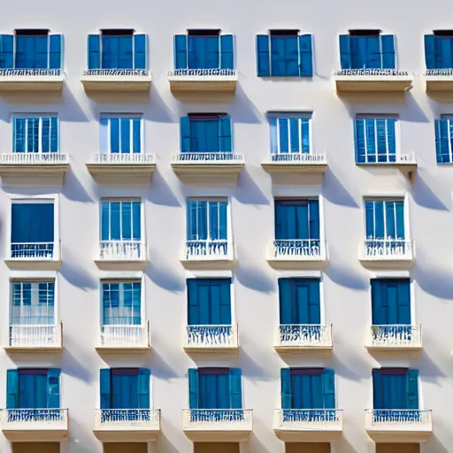 Image similar to Minimalistic background of buildings with traditional Greek style architecture. Low angle view of white houses against a blue clear summer sky. Construction of a modern residential building in the open air.