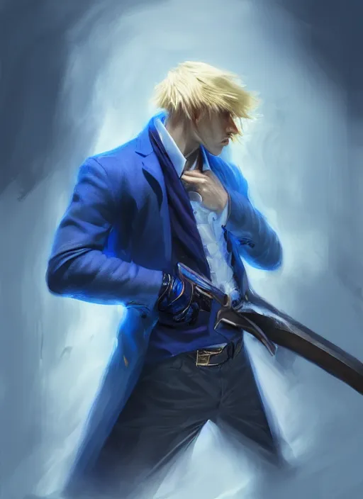 Image similar to side profile of a man with blonde hair in a blue suit wielding a large sword and a gun in a holster, fantasy, digital painting, volumetric light, intricate, sharp, focus, bloom, illustration, highly detailed, concept art, matte, ruan jia, randy vargas, greg rutkowski