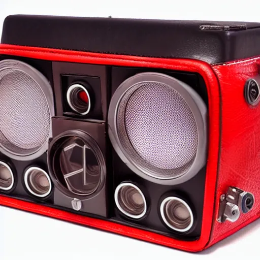 Prompt: vintage analog product photography of a leather boombox, 70s design, bright red, studio lighting, film grain, lensflare, color bleed, glare