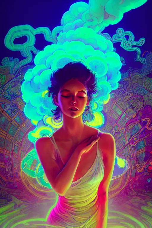 Image similar to a gorgeous woman surrounded by colorful liquid clouds and neon smoke, extremely detailed, in a psychedelic experience, psilocybin, dmt, lsd, face, highly detailed, artstation, alphonse mucha, hana yata, and artem demura and beeple, bill sienkiewicz, octane render, unreal engine, 8 k