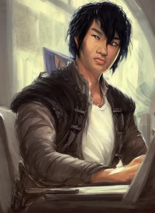 Prompt: asian with medium black hair man sitting at his desk look down at me, low angle, camera low, dndbeyond, bright, colourful, realistic, dnd character portrait, full body, pathfinder, pinterest, art by ralph horsley, dnd, rpg, lotr game design fanart by concept art, behance hd, artstation, deviantart, hdr render in unreal engine 5