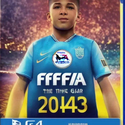 Image similar to the next football superstar from 2034 on the cover of the Fifa game of that very year, high quality very detailed 4k