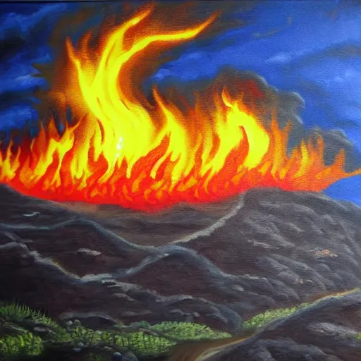 Prompt: a fiery hellscape painting