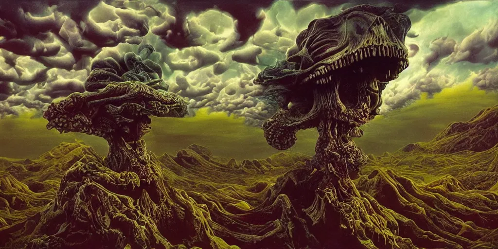 Image similar to ultrawide angle colour masterpiece surreal closeup portrait photography of surrealism by annie leibovitz and michael cheval, incredible sense of depth and perspective and clarity, weird surreal epic psychedelic complex biomorphic 3 d fractal landscape giant beast skull by kilian eng and roger dean and giger and salvador dali and beksinski, 8 k