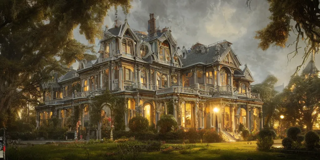 Prompt: a finely detailed photograph of a late Victorian house surrounded by beautiful gardens, view from ground level, elegant, ornate, daytime, beautifully lit scene, ray traced, octane render by Peter Mohrbacher and Peter Gric