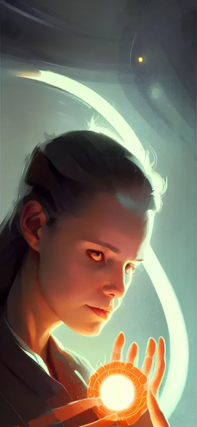 Image similar to a portrait art of a female scientist in a laboratory holding a black hole in her hands, style by jordan grimmer and greg rutkowski, concept art, stylised, elegant, illustration, high quality, highly detailed, long hair, digital art, pinterest