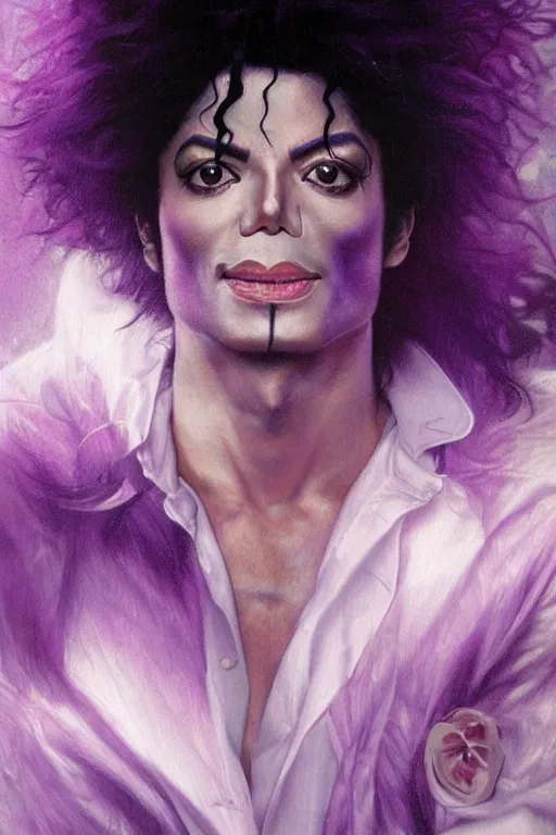 Image similar to A mystical mesmerizing 8k hyperrealistic Photo Portrait Michael Jackson transforming into a purple haze, soft, sharp focus, detailed, art by Greg Rutkowski and artgerm and Alphonse Mucha