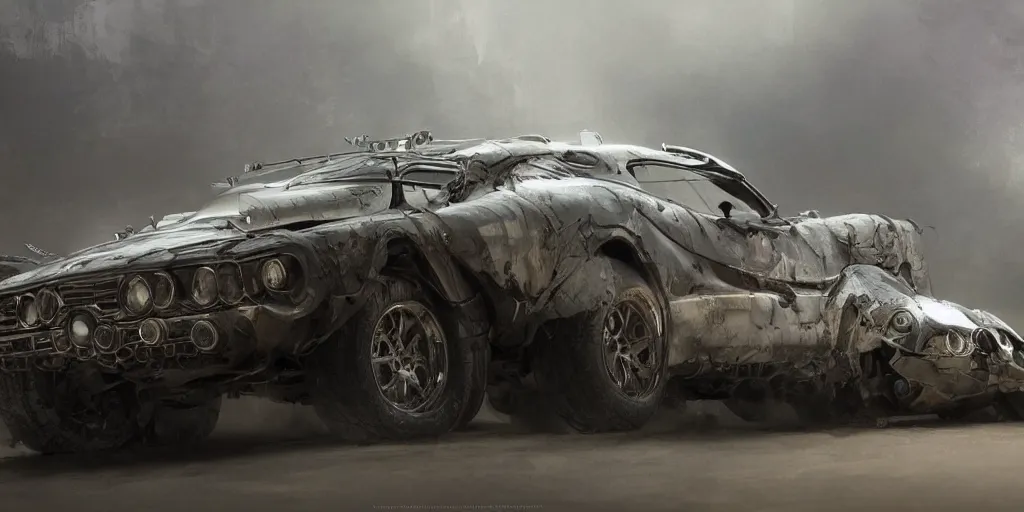 Image similar to full view of a car, intricate, elegant, highly detailed, digital painting, concept art, smooth, sharp focus, art style from wang ke and greg rutkowski and bruce kaiser and scott robertson and dmitry mazurkevich and doruk erdem and jon sibal, small style cue from blade runner and mad max