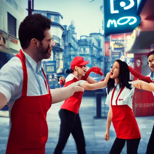 Image similar to macdonalds restaurant staff fighting with kfc restaurant staff, hyper real, 8 k, octane render, vivid, bright, photo realistic, city street, riot