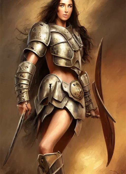 Image similar to a professional painting of an attractive young girl, partially clothed in battle armor, olive skin, long dark hair, beautiful bone structure, perfectly proportioned, nubile body, symmetrical facial features, intricate, elegant, heroic pose, digital painting, concept art, smooth, sharp focus, finely detailed, from Warhammer, by Ruan Jia and Mandy Jurgens and Artgerm and William-Adolphe Bouguerea