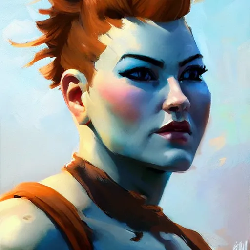 Image similar to greg manchess portrait painting zarya from overwatch, medium shot, asymmetrical, profile picture, organic painting, sunny day, matte painting, bold shapes, hard edges, street art, trending on artstation, by huang guangjian and gil elvgren and sachin teng