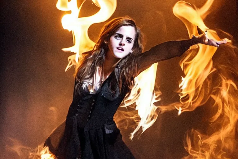 Prompt: emma watson as a heavy metal singer, stage lights, smoke, flames
