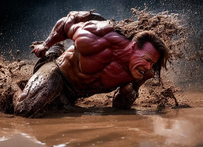 Image similar to photo of schwarzenegger mudbending at predator. highly detailed 8 k. intricate. lifelike. soft light. sony a 7 r iv 5 5 mm. cinematic post - processing